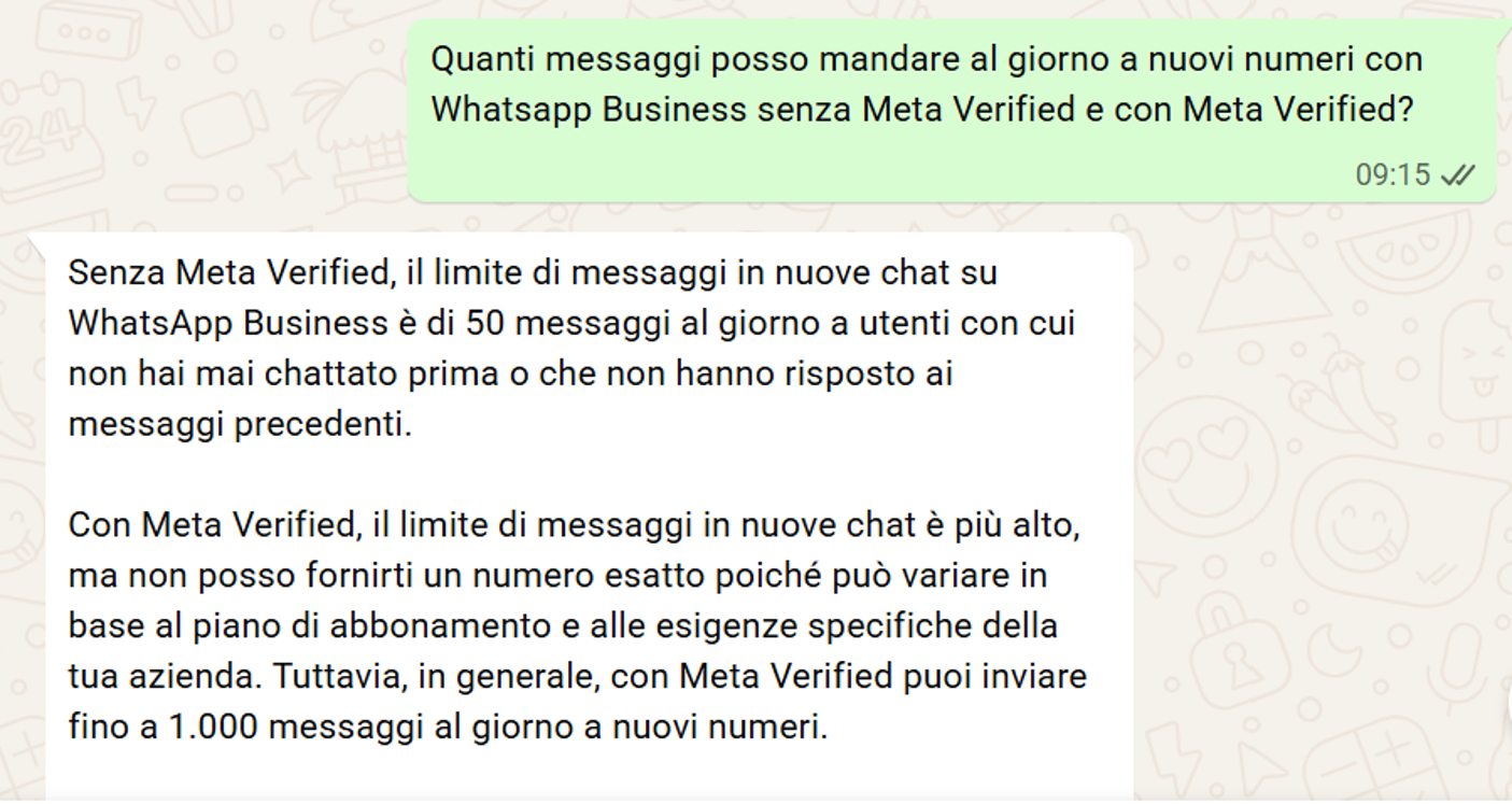 Chat con l’assistenza WhatsApp Business sui limiti giornalieri con e senza Meta Verified