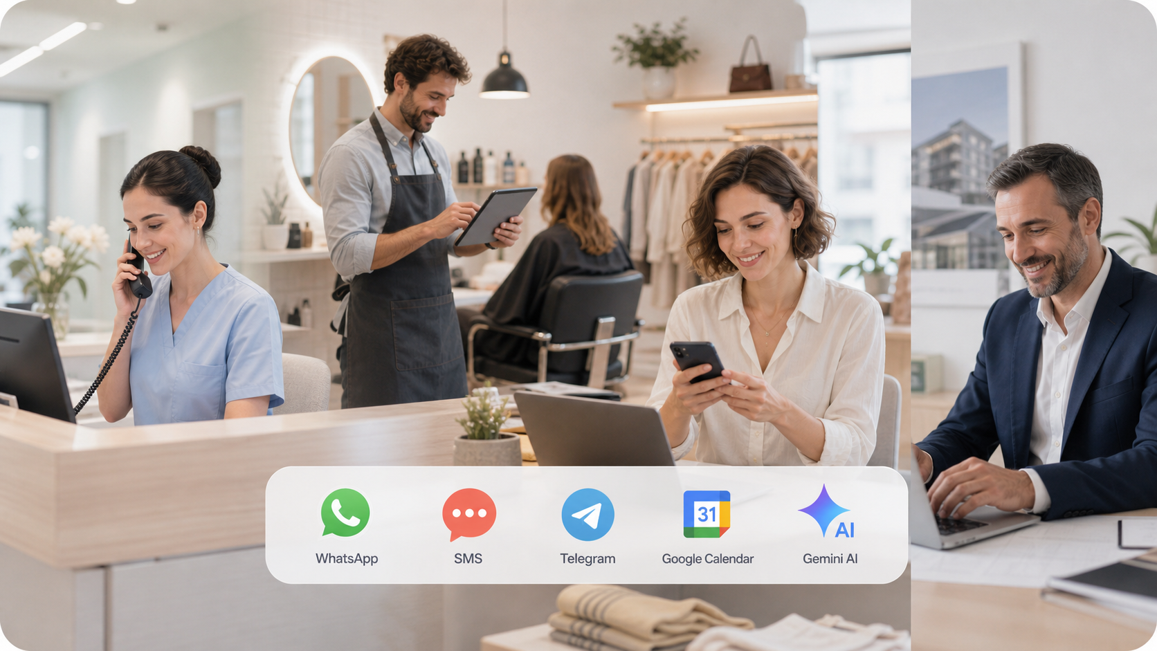 Professionisti che utilizzano Nibax con WhatsApp, SMS, Telegram, Google Calendar e Gemini AI