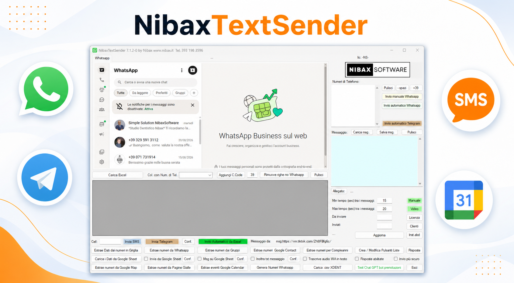 NibaxTextSender per Windows collegato a WhatsApp, Telegram, SMS e Google Calendar