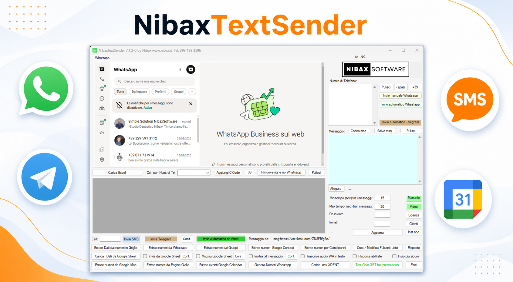 NibaxTextSender collegato a WhatsApp, Telegram, SMS e Google Calendar