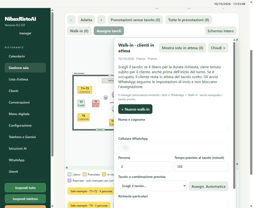 Pannello walk-in di NiBaX RistoAI per clienti senza prenotazione