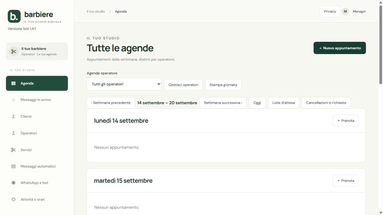 Schermata reale di NiBaX Barber: agenda online settimanale e selezione degli operatori del salone