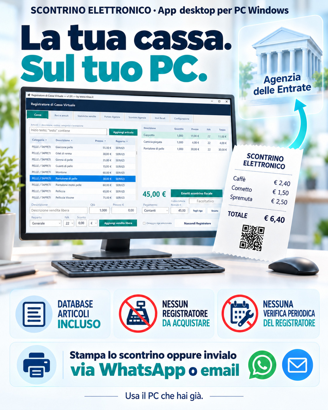 Registratore di Cassa Virtuale Nibax per PC Windows: scontrino elettronico, stampa e invio su WhatsApp o email; immagine promozionale illustrativa